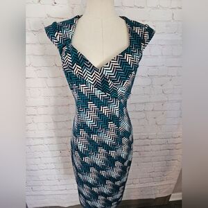 White House Black Market Patterned Midi Dress | Teal, Black, Gray | Size 2 | EUC